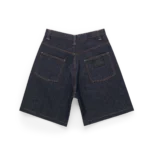 DENIM SHORT RAW front view — relaxed fit raw denim streetwear shorts in natural indigo