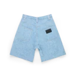DENIM SHORT BLANKET WASH front view — relaxed fit washed denim streetwear shorts in soft indigo