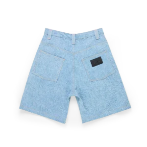 DENIM SHORT BLANKET WASH front view — relaxed fit washed denim streetwear shorts in soft indigo