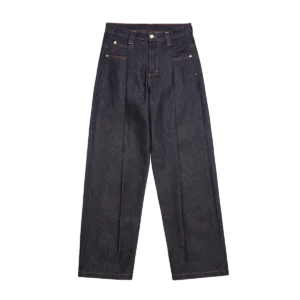 Pleated Denim Jean Raw front view — relaxed fit raw denim jeans in clean indigo wash