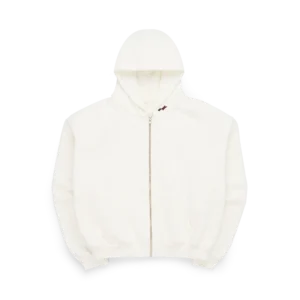 SKYLRK Knit Zip Hoodie in Natural No Dye — front view with zip fully closed showing relaxed oversized silhouette