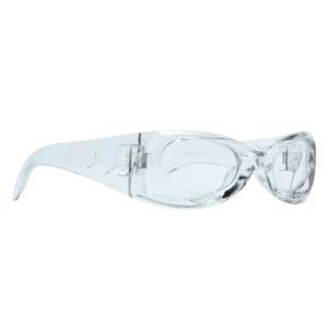SKYLRK Upside Down Sunglasses Clear — front view of futuristic inverted frame design