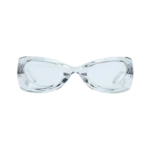 SKYLRK Upside Down Sunglasses Clear — front view of futuristic inverted frame design