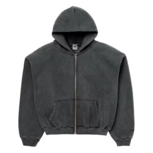 Side profile of SKYLRK oversized smudge zip hoodie showing drop-shoulder silhouette