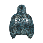 Close-up detail of zebra animal print graphic on SKYLRK hoodie showing high-contrast black and white stripe patterning